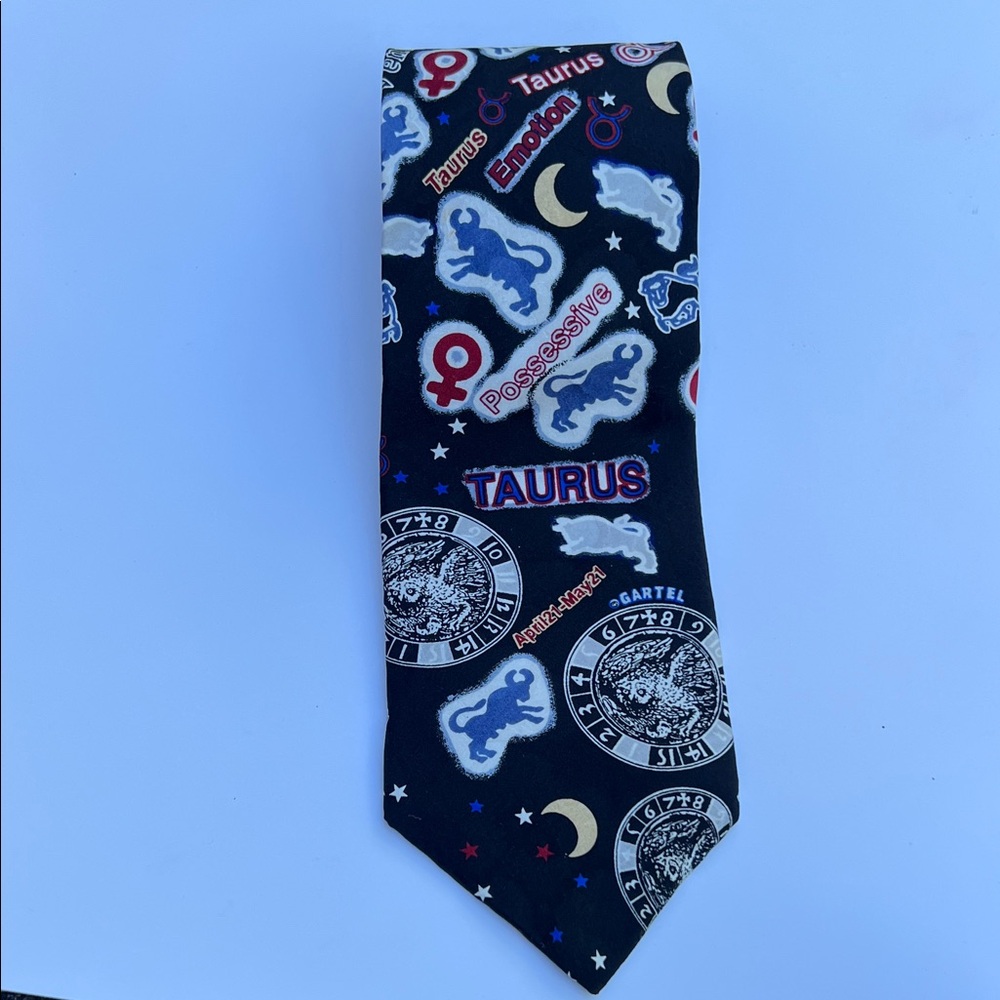 Astrology-Inspired Black Tie with Taurus Design
